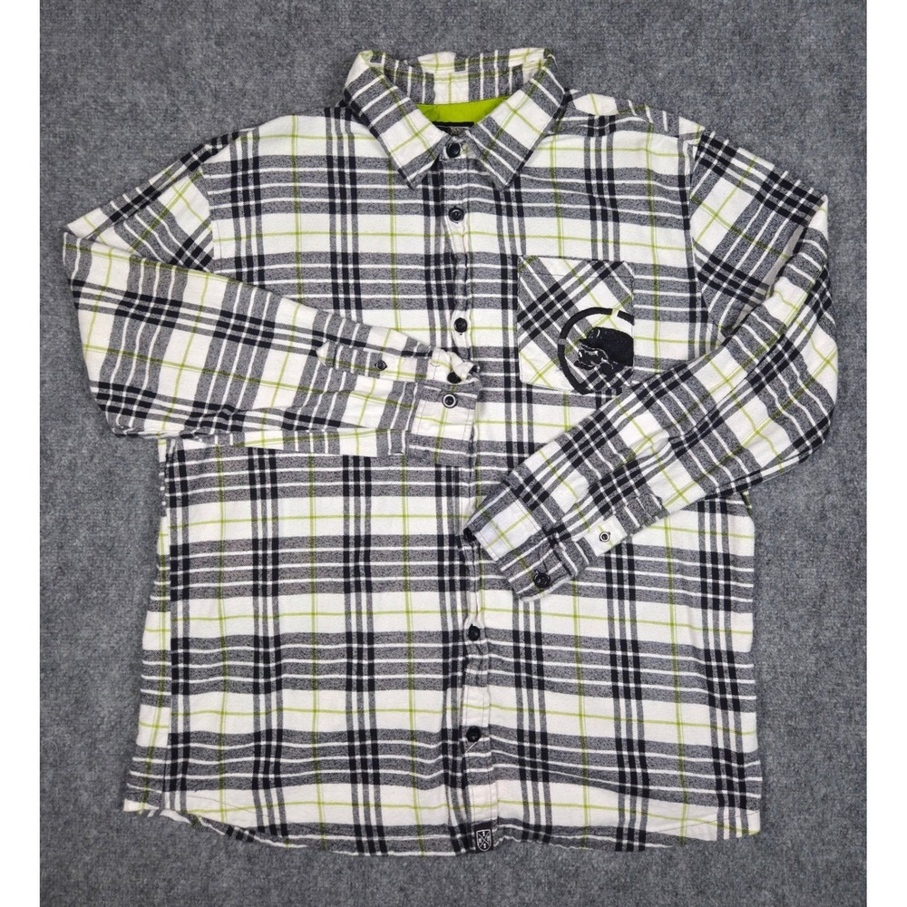 Metal Mulisha Flannel Shirt Mens XXL White Black Lime Green Plaid Long Sleeve